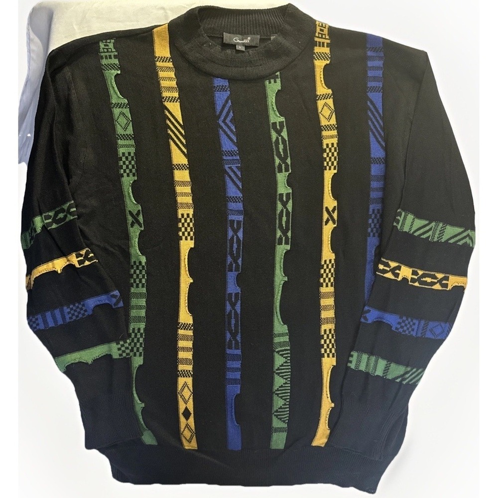 Vintage Genelli Sweater Men's Large Black 100% Silk Striped 3D Coogi-Style Golf